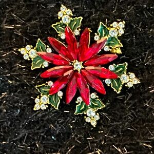 CHRISTMAS 🎄 MISTLETOE BROOCH RED , GREEN AND SILVER SET IN GOLD